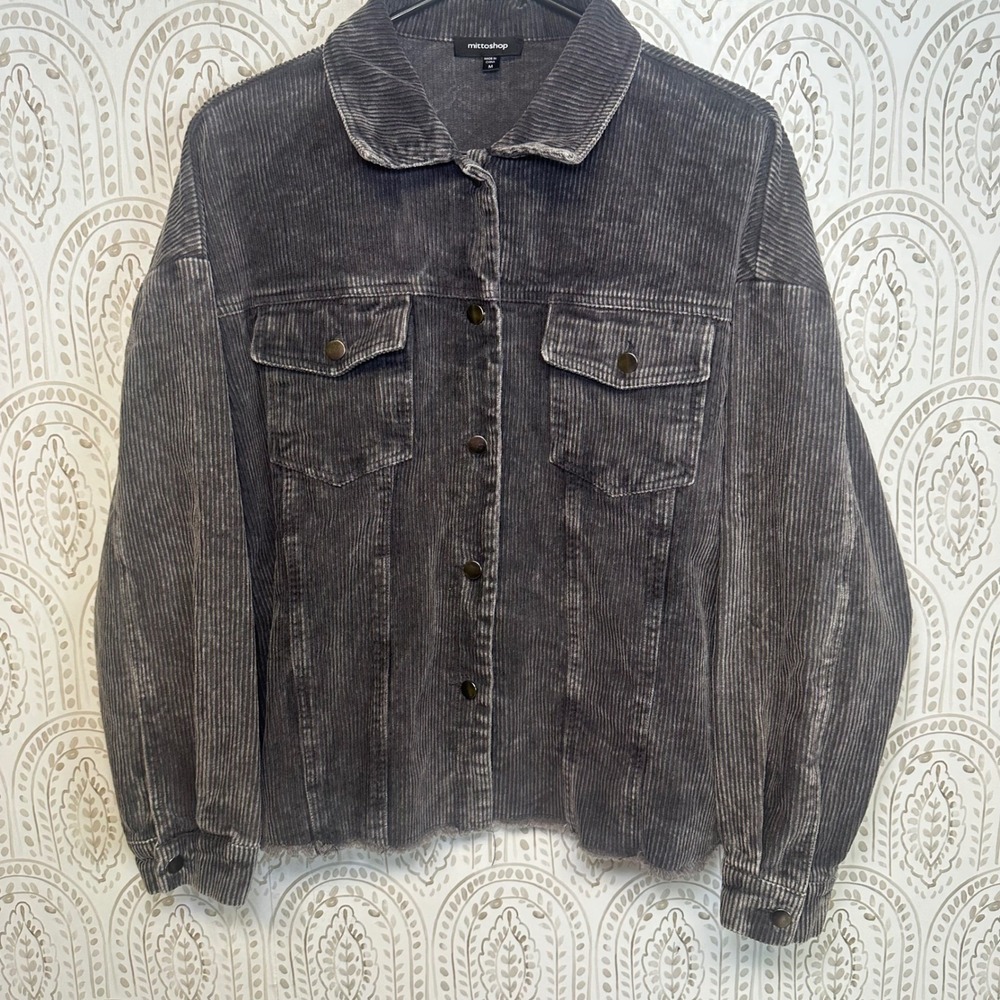 Mittoshop Gray Corduroy Raw Hem Jacket Washed Charcoal Button Down Medium‎